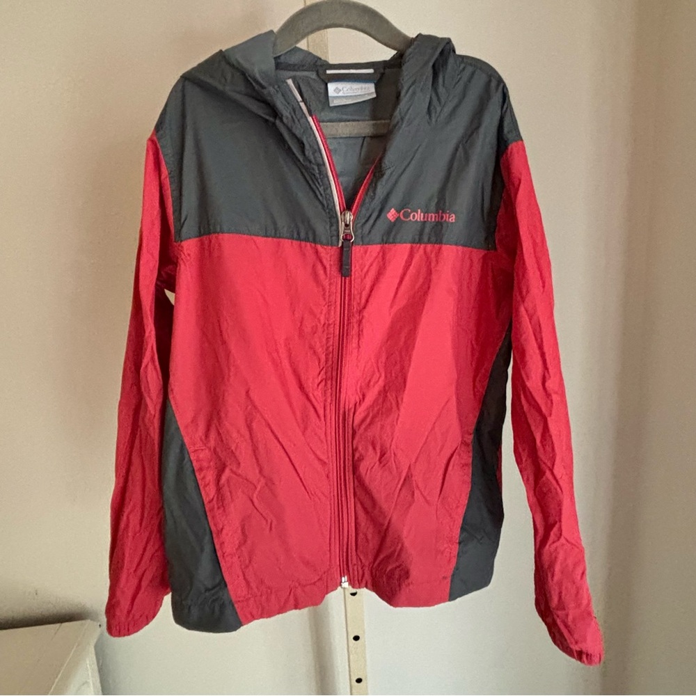 Columbia Kids Nylon Hooded Windbreaker Zip Front Jacket in Red,